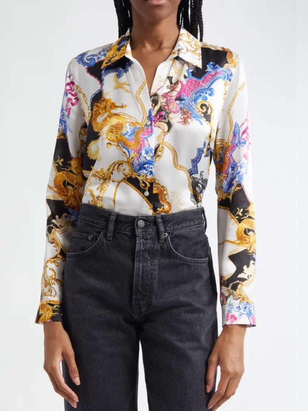 L’Agence Tyler Fantasy Long Sleeve Button Blouse in White, Black, & Renaissance - Picture 5 of 12